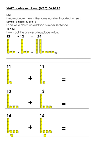 differentiated worksheets doubling numbers using base ten dienes