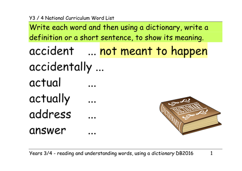 Year 3 & 4 NC Word list: reading and understanding activity - use with dictionary. Group cards & ppt