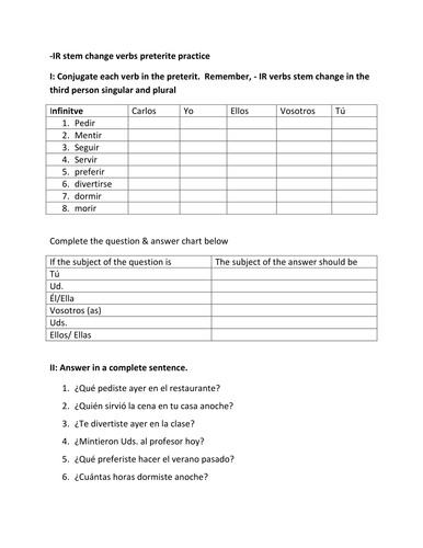 Ir Stem Change Verbs Preterit Practice Teaching Resources