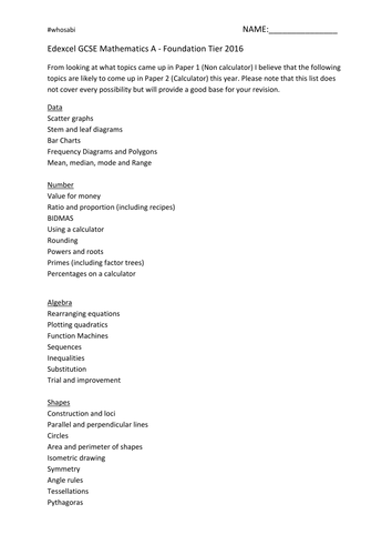 Revision Booklet for Edexcel GCSE Maths Paper 2 - Foundation 2016