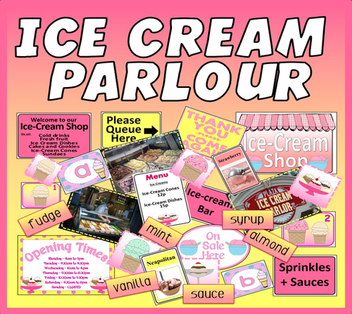 ICE-CREAM PARLOUR SHOP ROLE PLAY TEACHING RESOURCES KEY STAGE 1-2 FOOD SUMMER