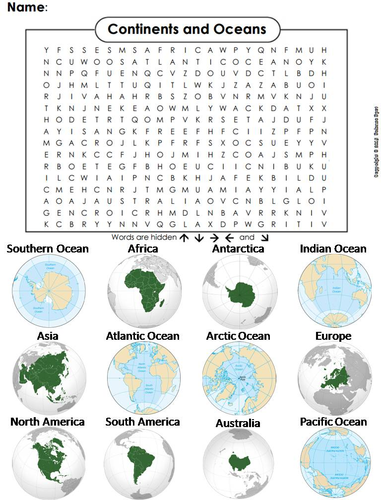 Continents and Oceans Word Search