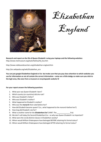 Elizabethan England Research Task