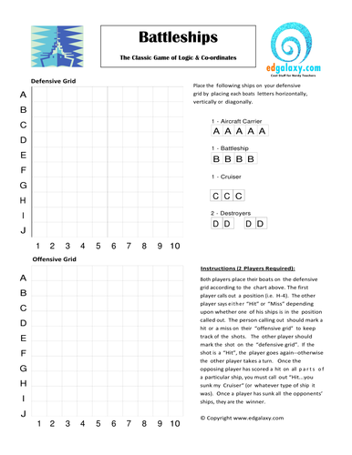 SIMPLE AND COMPLEX PRINTABLE BATTLESHIP GAME FOR STUDENTS