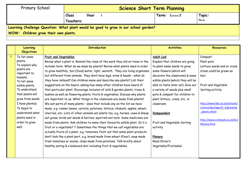 Year 1 Plants New Curriculum Resources and Planning
