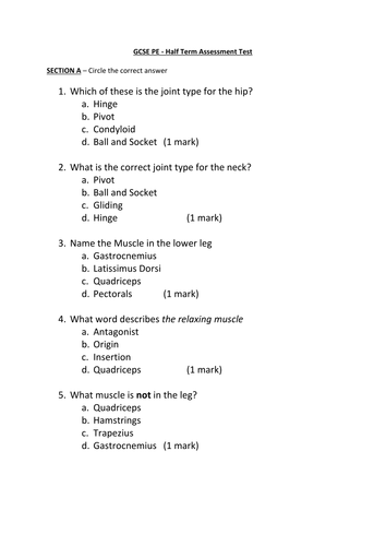 AQA GCSE PE 2016 Spec - Muscles and CV system test