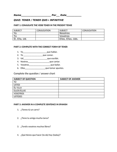 tener and tener que infinitive quiz