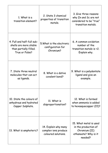 Transition Metals Revision Cards