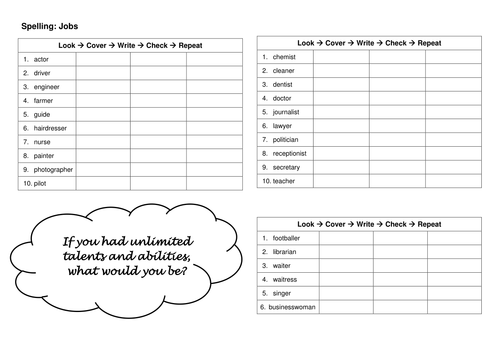 Look, Cover, Write - Spelling Practice for Jobs
