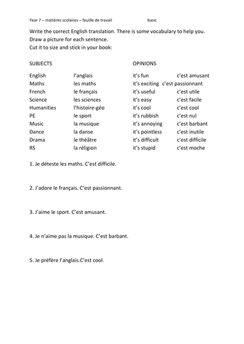 les matières scolaires - KS 3 cover resources for subjects and opinions 