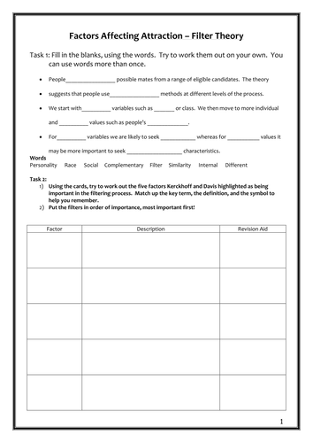 Relationships Filter Theory Workbook AQA New Specification