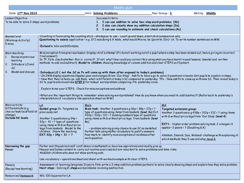 Year 3 / 4 Problem Solving Maths Lesson Plan