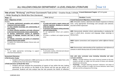 Birdsong New A-Level AQA A English Literature Paper 2 WW1 and its Aftermath Core Text: Complete SOW