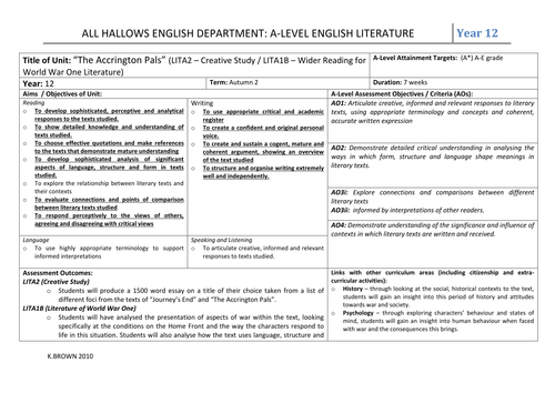 Accrington Pals New A-Level AQA A English Literature WW1 and its Aftermath:  Full SOW and Resources