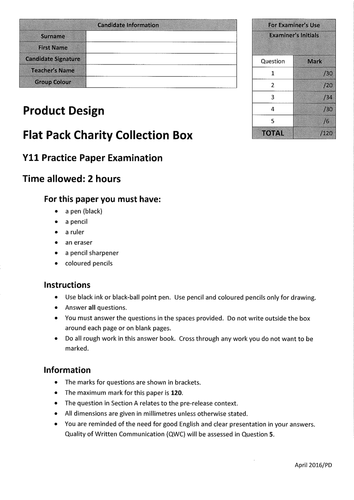 AQA 2016 PRODUCT DESIGN PRACTICE PAPER - flat pack charity collection boxes - ANSWER BOOKLET :)