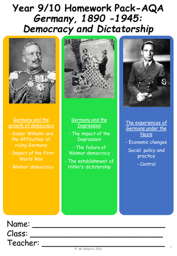 New AQA (9-1) GCSE Germany c1890-1945 Homework pack 