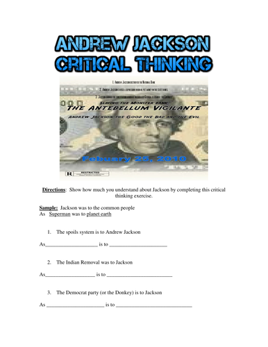 Andrew Jackson Critical Thinking Exercise