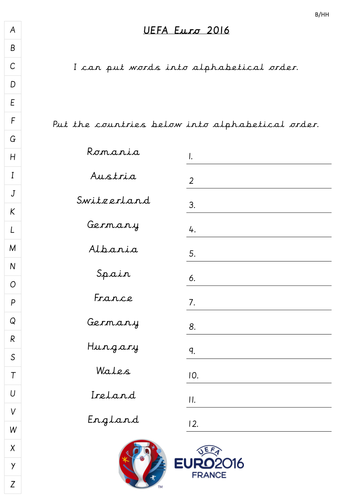 UEFA 2016 themed alphabetical ordering