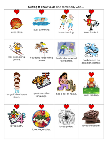 Getting to know you and your class bingo