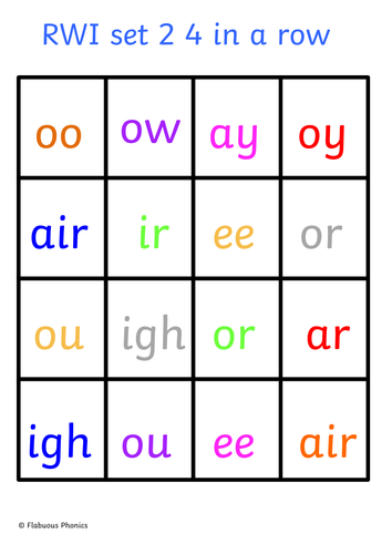 Letters and Sounds  phase 3  4  5  & RWI set 1 2 3 phonics four in a row game. Reception and Year 1