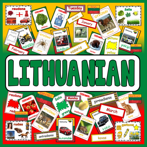LITHUANIAN LANGUAGE TEACHING RESOURCES DISPLAY posters flashcards colour food