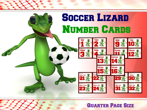 Number Cards: Soccer Lizard- Quarter Page Set (Numbers 1 - 32)