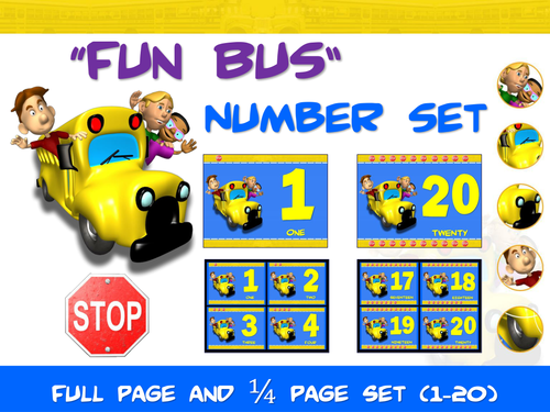 Number Signs and Cards: Fun Bus- Full Page and Quarter Page Set (Numbers 1 - 20)