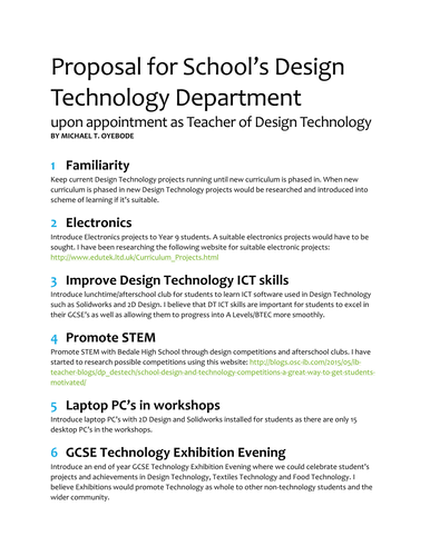 How to write a Design Technology / Engineering department proposal