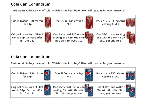 Ratio and proportion for multipacks of cola (investigation)