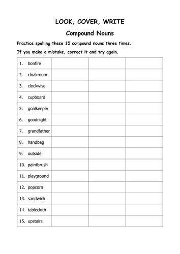 COMPOUND NOUNS: Look, Cover, Write - KS2 Spelling Practice, Puzzles and Test
