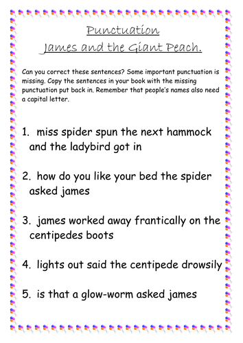 Roald Dahl, James and the Giant Peach punctuation worksheet