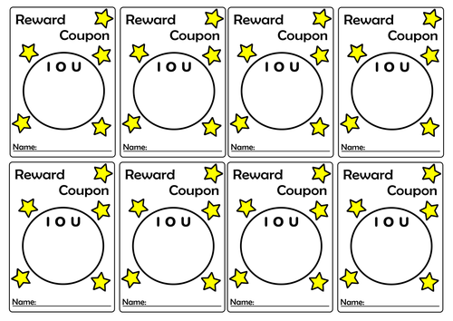 Reward Coupon - Teacher IOU Template - 8 per page - Positive Behaviour