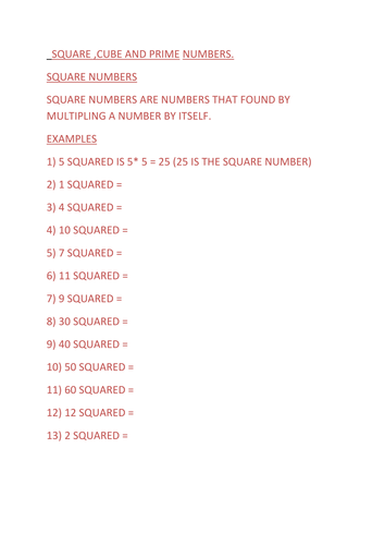Square, Cube and Prime numbers