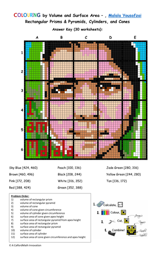 Colouring by Volume and Surface Area, Malala Yousafzai (30 Worksheet Math Mosaic)