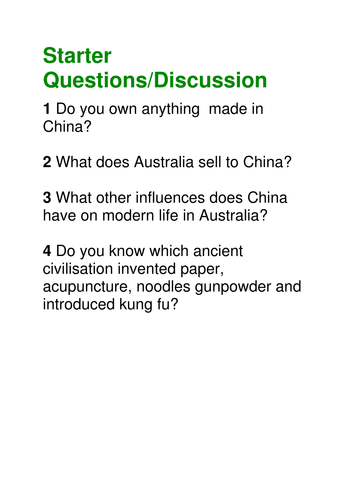 Ancient China 7 History Starter Questions Activity