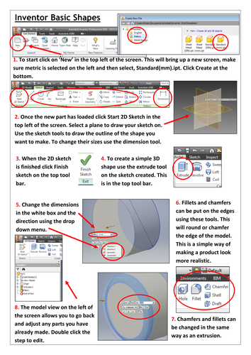 Instruction sheet for Autodesk Inventor: Basic shapes, Revloves and Sweeps
