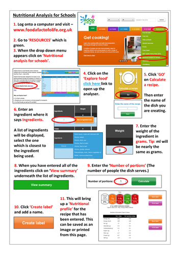 Nutritional Analyser Help Sheet for Food A Fact Of Life Website