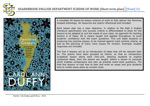 Feminine Gospels NEW A-Level AQA A English Literature: COMPLETE SOW and full set of Resources!