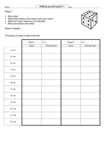 Dice Rolling Game Simple Addition 2 player Numeracy challenge