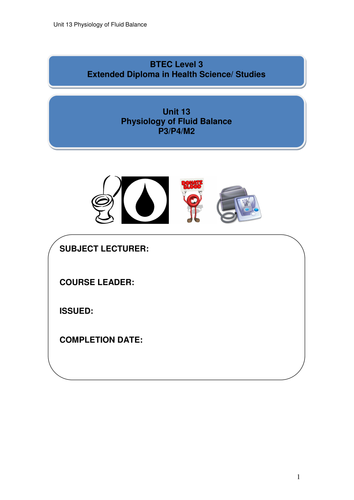 BTEC Level 3 Health and Social Care (2010) Unit 13 Fluid Balance resources 