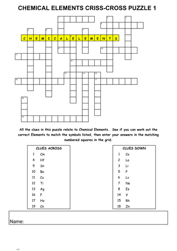 Printable Element Crossword Puzzle and Answers