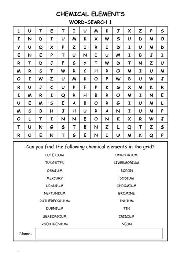 chemical elements word search teaching resources