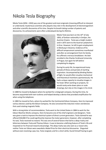 Nikola Tesla Biography and Wordsearch