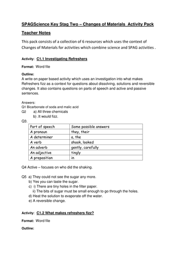 SPAG Science Key Stage 2 Changes of Materials Activity Pack