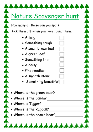 Nature scavenger hunt with hidden teddy bears.