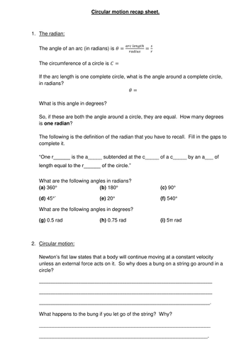 Circular motion recap worksheet and answers | Teaching Resources