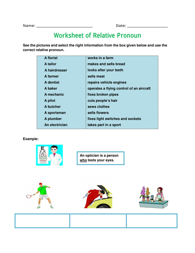 Worksheet of Relative Pronouns