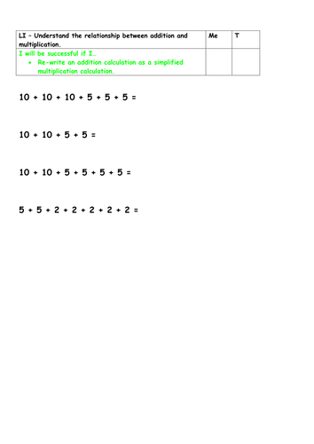 Year 2 greater depth - relationships between addition and multiplication.