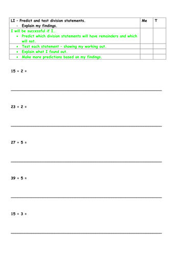 Year 2 greater depth - predict and test remainders