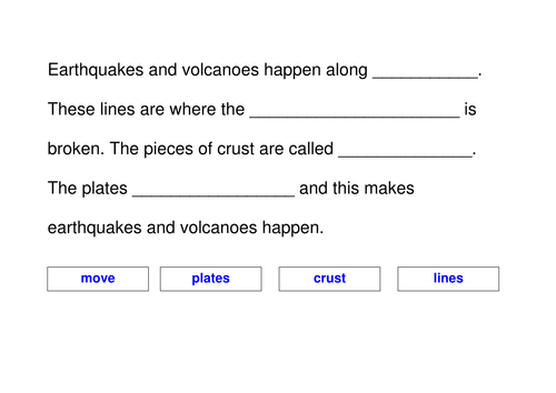 IWB Drag and Drop Cloze Plenary - Where do earthquakes and volcanoes happen?